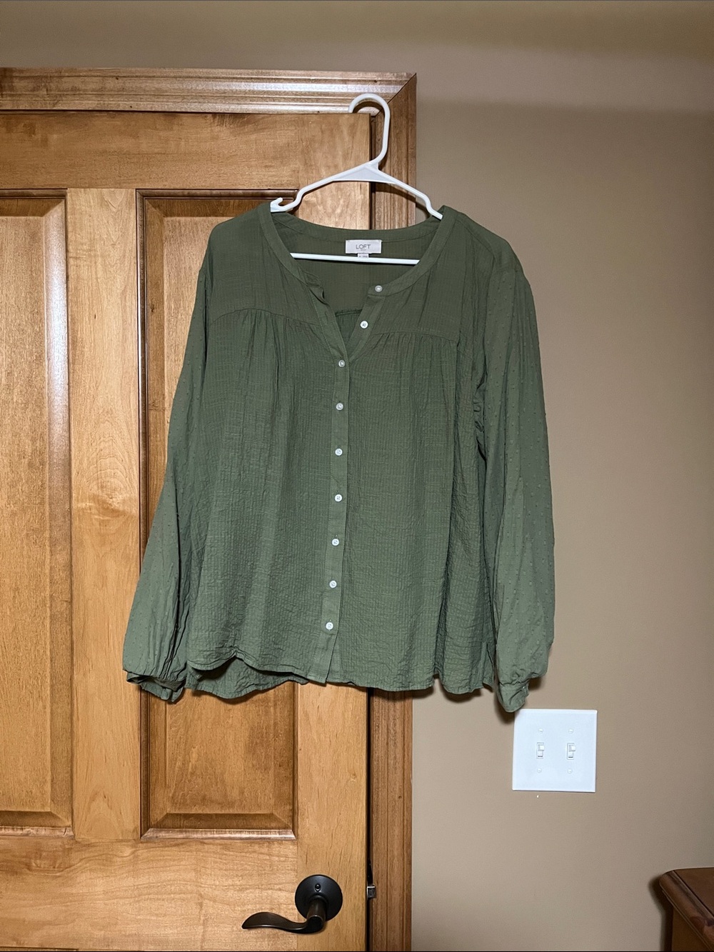 LOFT Olive Button-Front Peasant Blouse